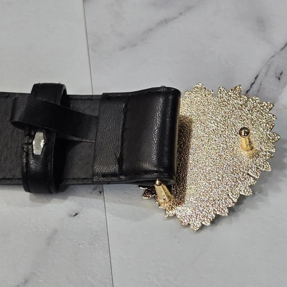 Juicy Couture Belt Womens Large Black Gold Heart Buckle Pearl Detail Fashion